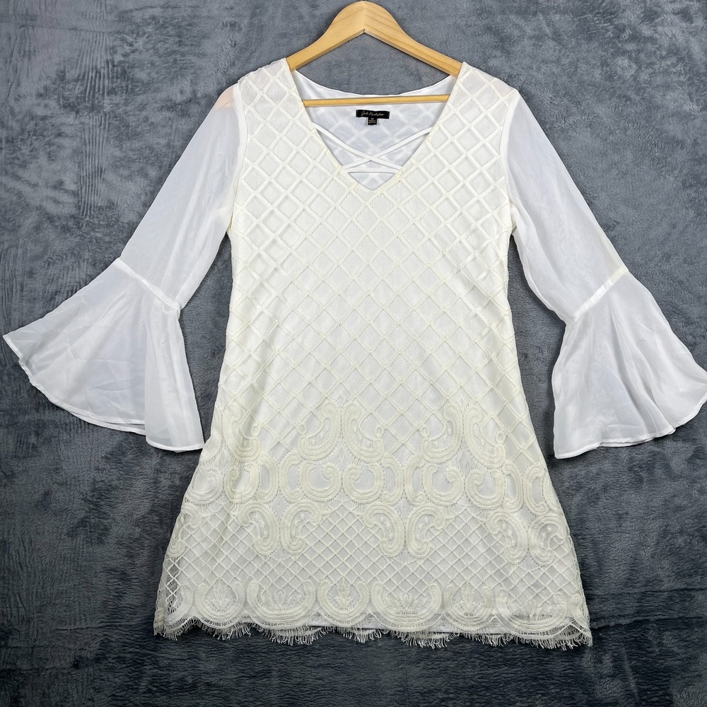Jodi Kristopher Mini Dress Womens Medium Beige Geometric Peplum Hem Bell Sleeve